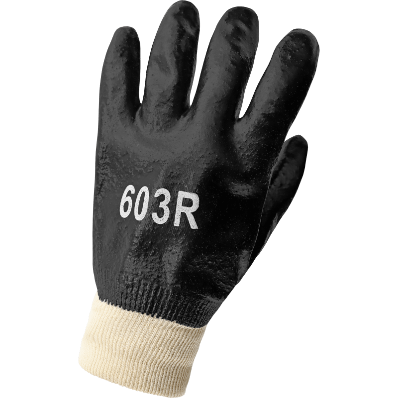 Economy 10-Inch Black PVC Chemical Resistant Gloves with a Cotton Interlock Liner - 603R