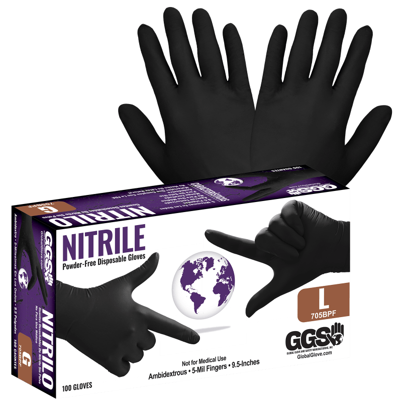 Nitrile, Powder-Free, Industrial-Grade, Black, 5-Mil, Textured Fingertips, 9.5-Inch Disposable Gloves - 705BPF