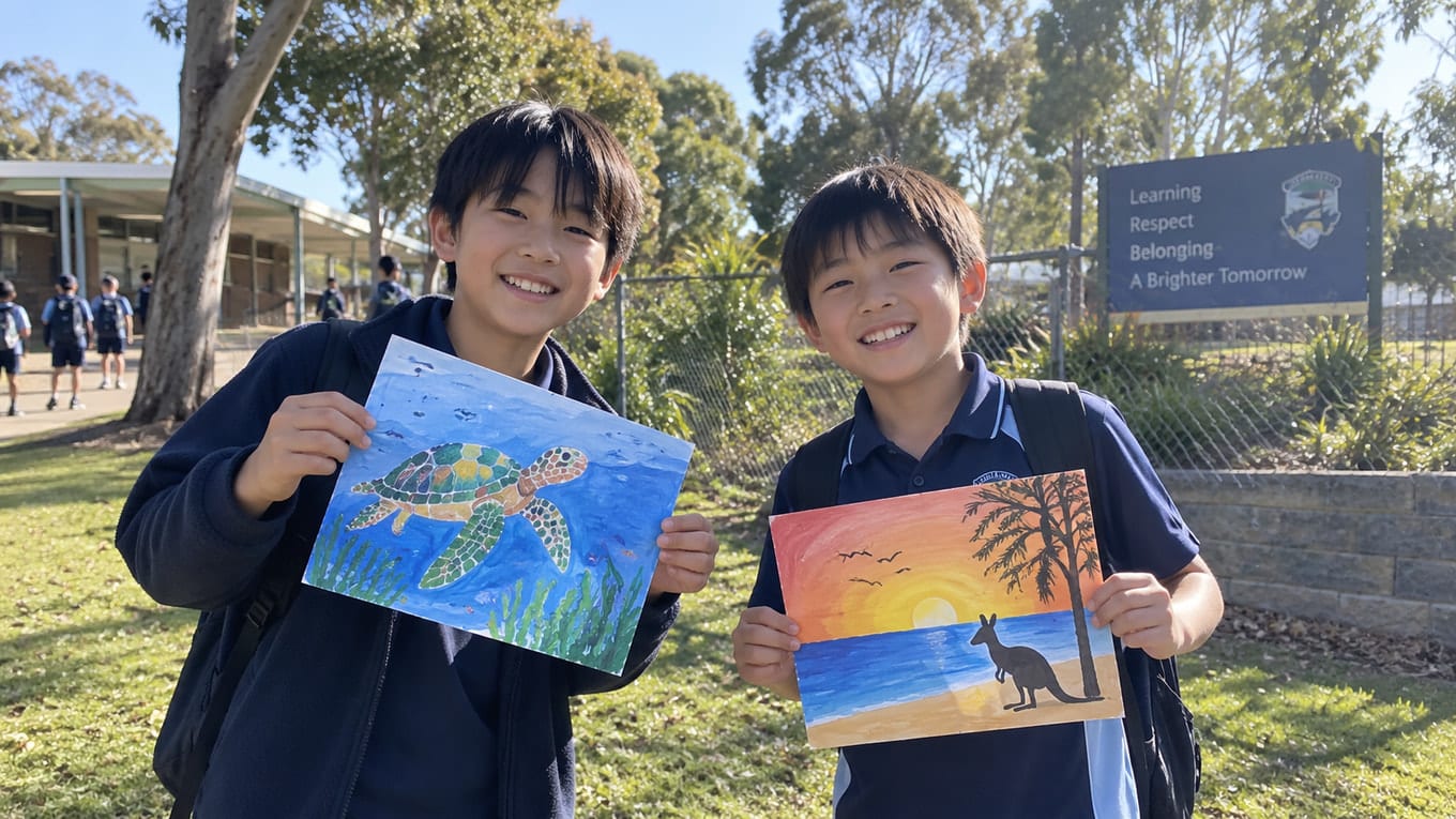 オーストラリアの現地校で制作した絵を持つ子どもたち