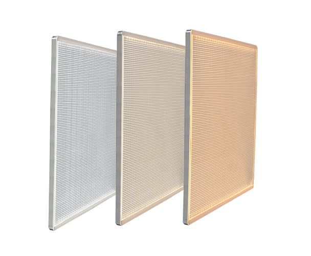 GlowbackLED 12 x 12 inch custom LED Panel Lighting sample kit shown in warm, natural, and bright white color temperatures.