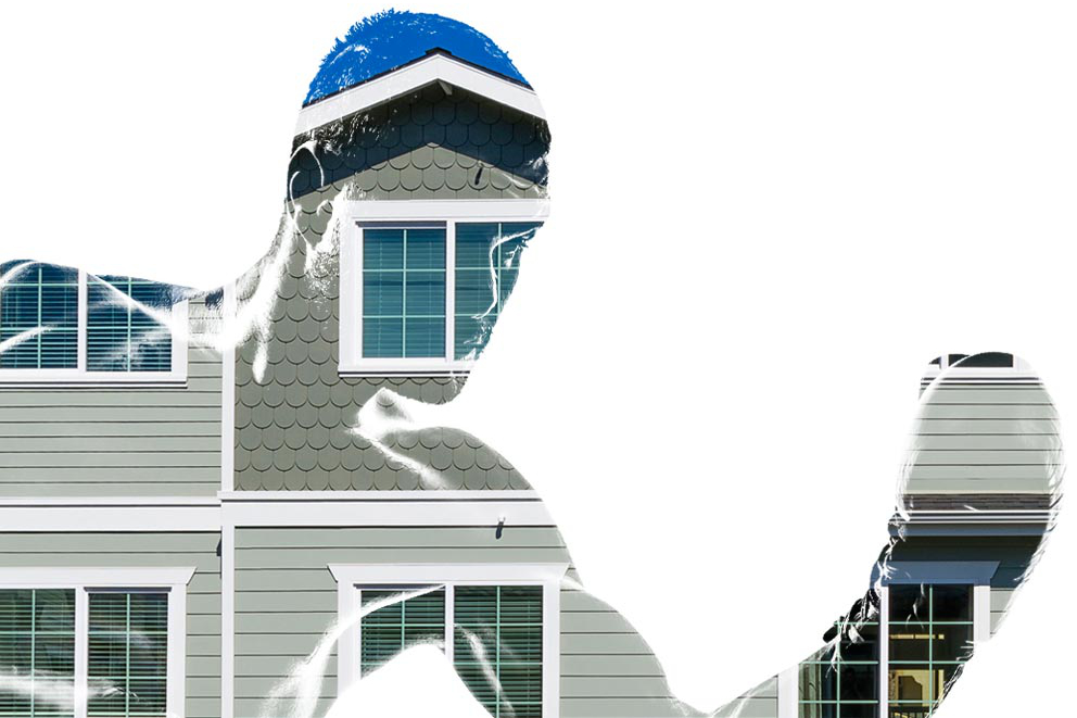 Boxer superimposed over a picture of Avivo townhomes. Avivo3 supergraphic cropped