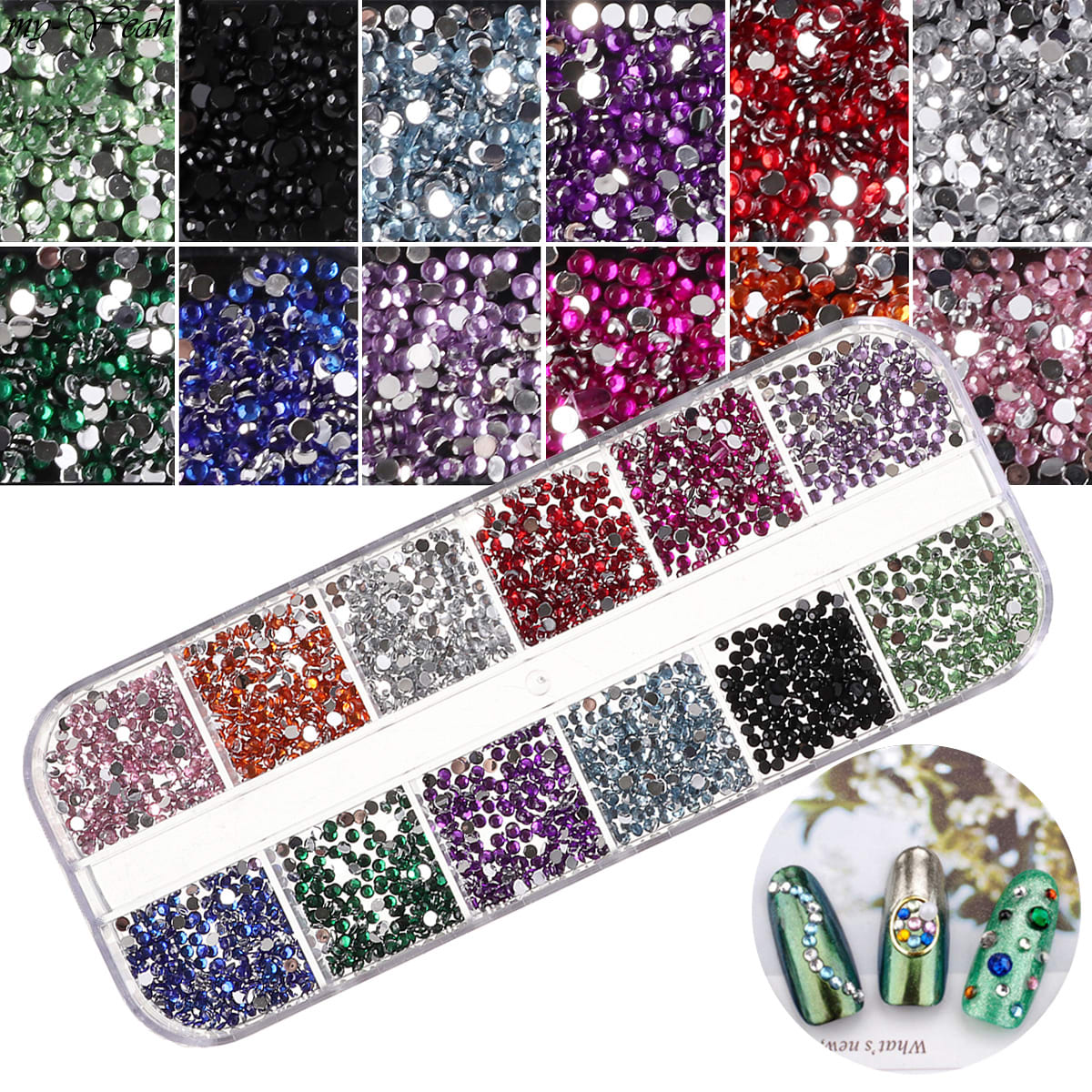 3D 12-Grid Glitter Nail Art Decorations AB Crystal Rhinestone Diamond Jewels in Heart Shape Design Charm Nail Decorations Manicure Tools