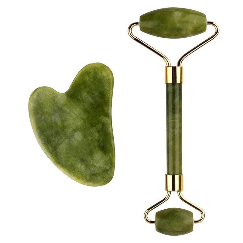 2Pcs/set Green Natural Stone Jade Massage Spa Roller + Gua Sha Board Scrapers Plate for Face Body Anti-aging Facial Massage Jade Roller Set Skin Care Tools-3