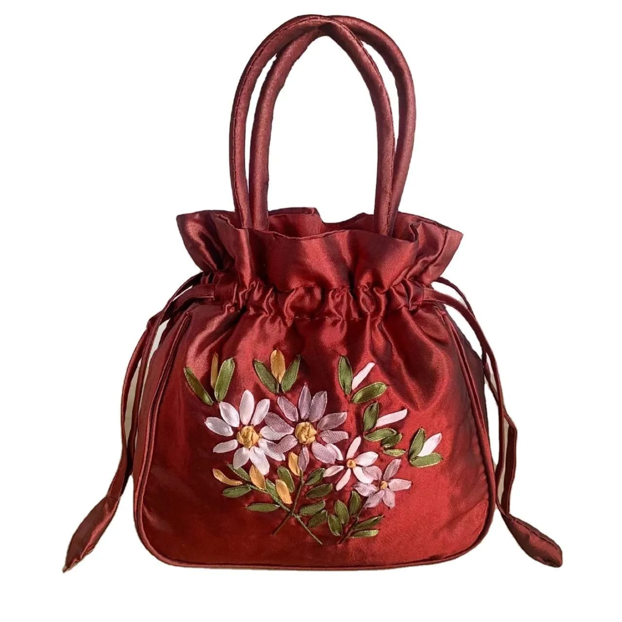 Portable Top-Handle Bags Women Flower Embroidered Silk Mini Potli Bag Chinese Style Females Handbags Retro Drawstring Shopping Handbag-3
