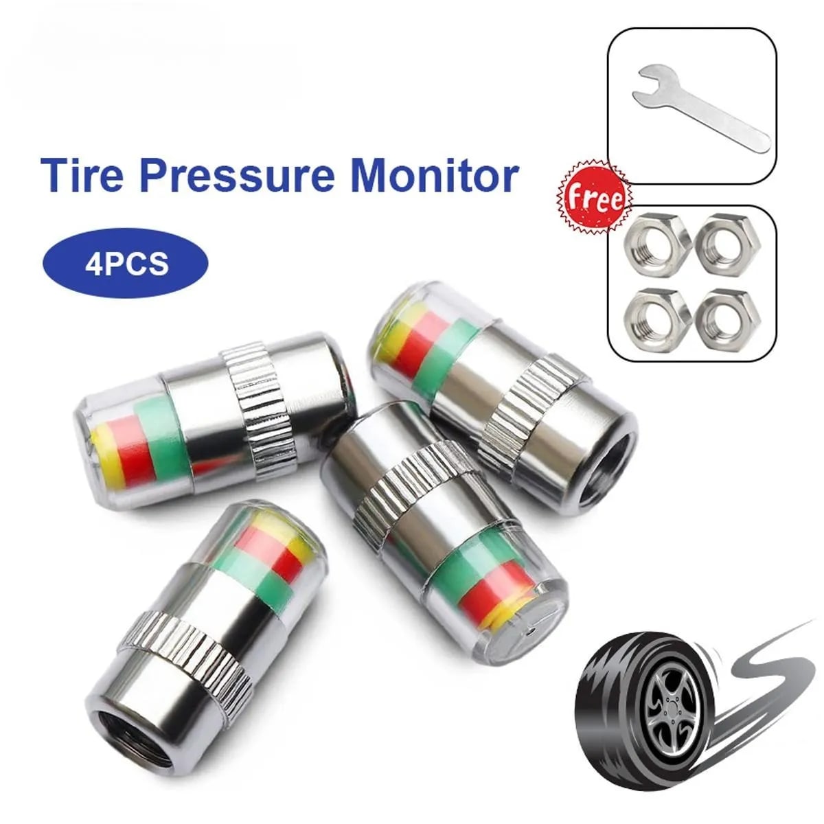 4Pcs Tire Pressure Indicator Valve Cap Anti-theft Upgrade Auto Tire Pressure Alarm Valve Stem Caps Cover Sensor Indicator Alert Tyre Air Gauge Warning Device
