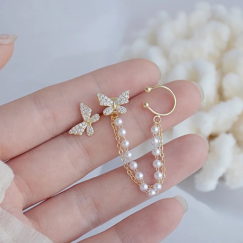 Trendy Korean Elegant Cute Rhinestone Butterfly Pearl Stud Earrings Boho Style Simple Stylish Pendant Earring for Girls Women