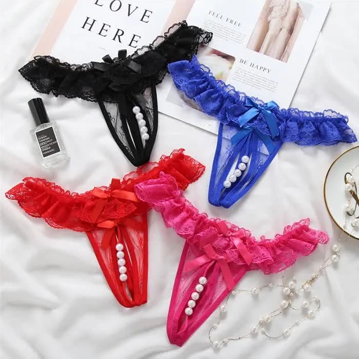 Pearl Lace Underwear Transparent Bowknot Beads Lace Panties Soft Ruffled Trim Hollow Underwear