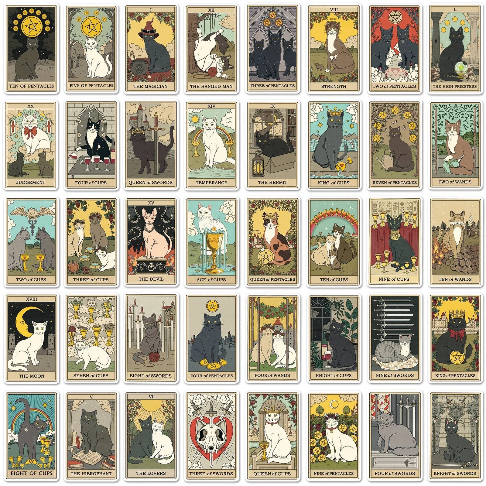 78Pcs Vintage Cat Tarot Stickers Vinyl Waterproof Cat Myth Magic Astrology Divination Graffiti Sticker for Water Bottle Luggage Laptop Guitar Decoration Sticker