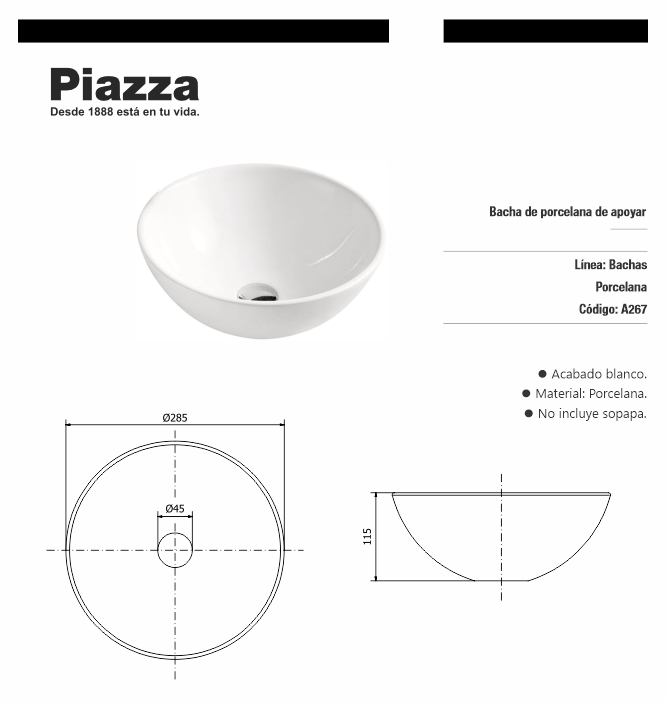 bacha apoyo 28.5cm blanca piazza