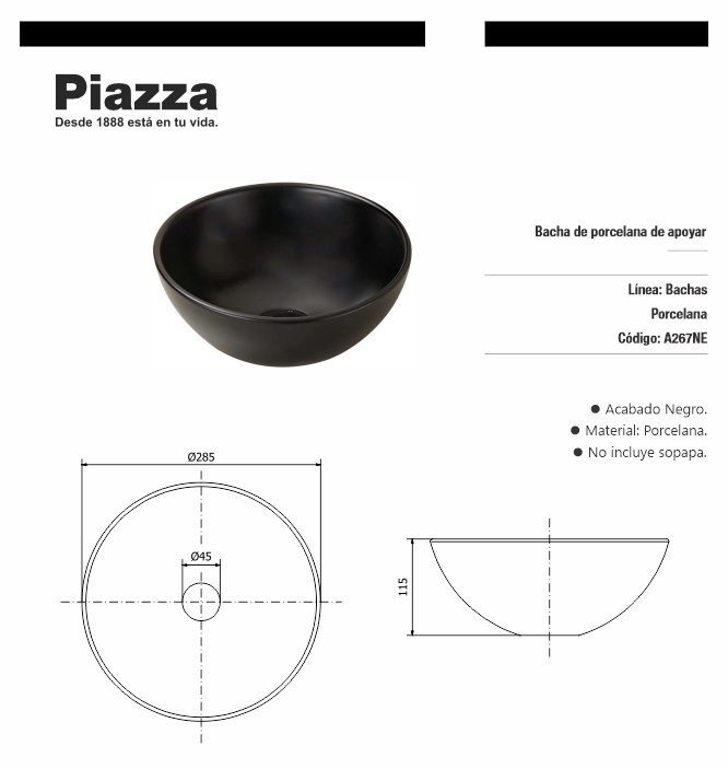 bacha apoyo negra 28.5cm piazza