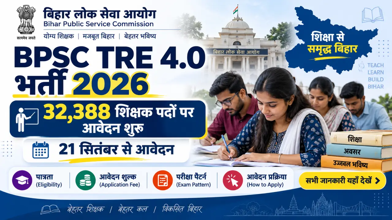 BPSC TRE 4.0 शिक्षक भर्ती 2026: 32,388 पदों के लिए ऑनलाइन आवेदन शुरू, देखें योग्यता, पैटर्न व नियम