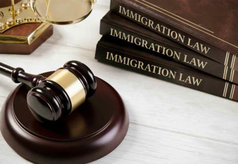 immigration law books and a gavel on a white desk