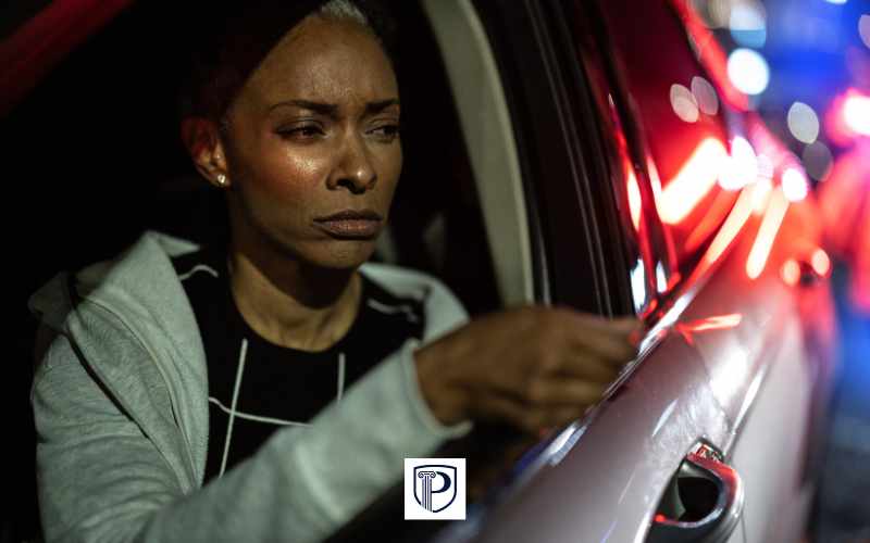 a woman handing her drivers license to a police officer