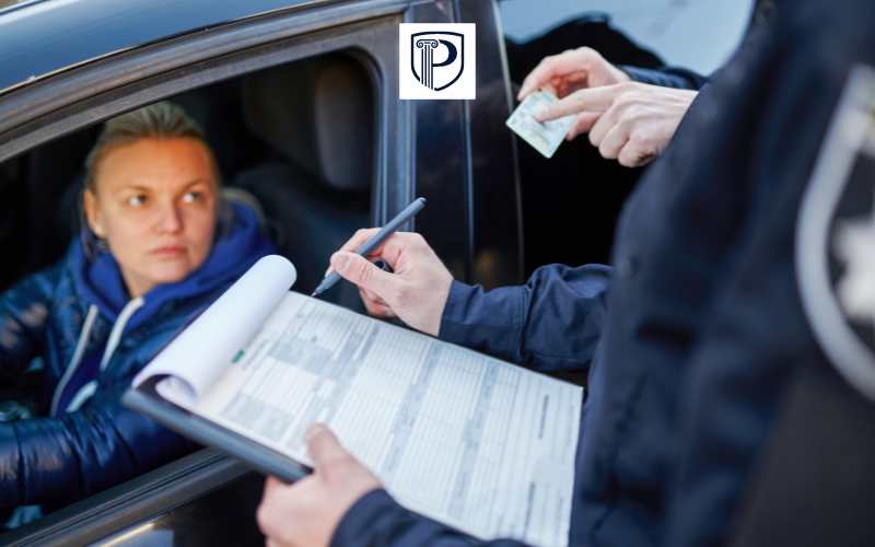 a police officer looking at a woman's drivers license and writing a ticket