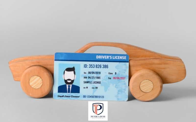 a drivers license and model car in front of a white background