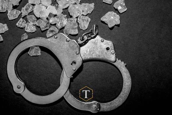 methamphetamine and handcuffs on a black desk