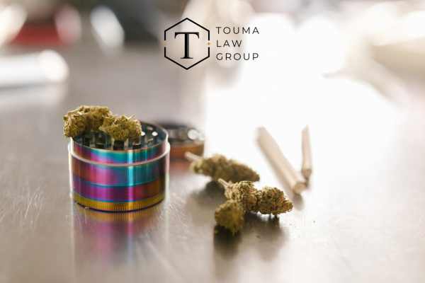 una pequeña cantidad de marihuana y un molinillo sobre una mesa
