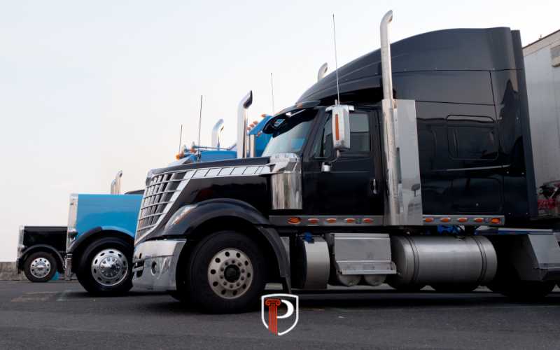 tractor trailers in a parking lot