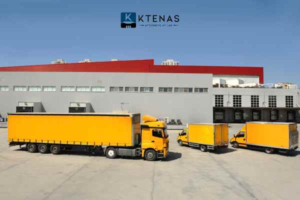 Multiple yellow trucks in front of a warehouse