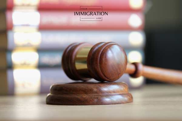 a gavel in front of immigration law books on a desk