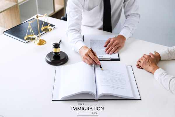 a lawyer reviewing a visa application with a client