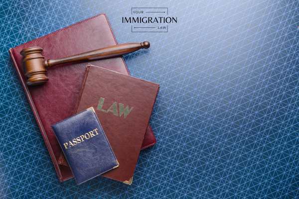 an immigration law book, passport, and gavel on a blue table