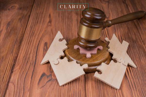 a gavel splitting a model home in two on a table