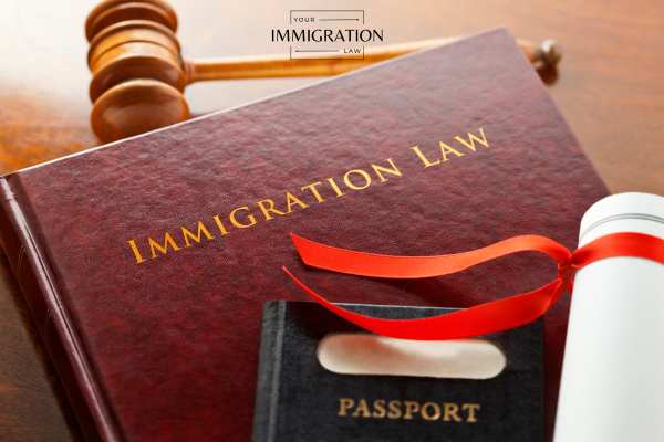 a passport, immigration law book, and gavel on a table