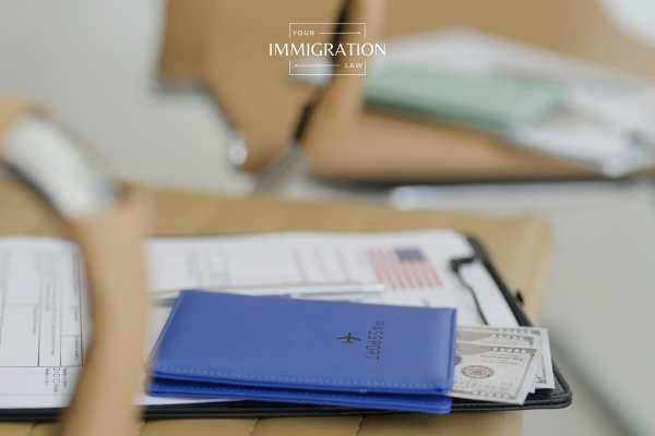 a passport, money, and legal documents on a desk