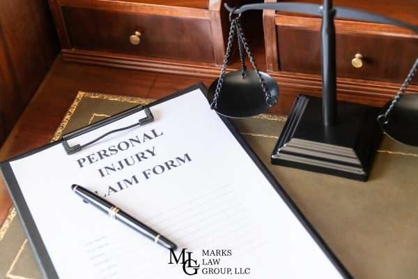 a lawyers desk with an injury claim form on it