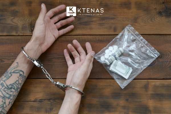 a man in handcuffs next to a bag containing drugs