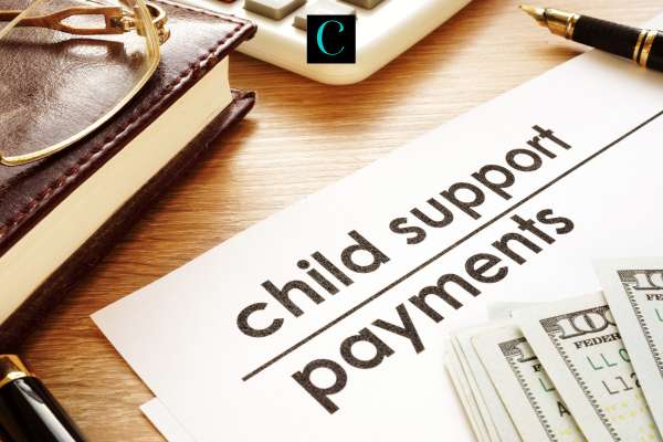 forms and money for a child support order on a desk