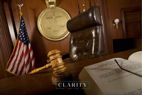 a photo of a judge's bench in a court room