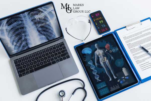 medical documents and a laptop on a white desk