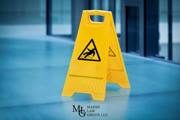 a wet floor warning sign in a building open to the public 