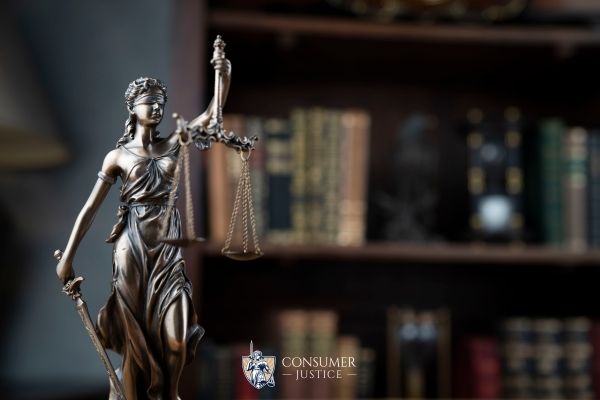 an attorneys office with a shelf full of law books and a statue of lady justice on the desk
