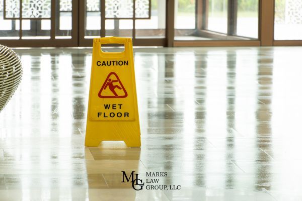 a wet floor sign in a hotel lobby