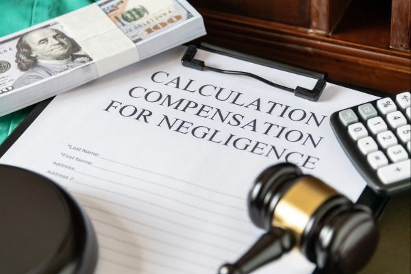 clipboard with documents for compensation for negligence with money, calculator, and gavel surrounding.