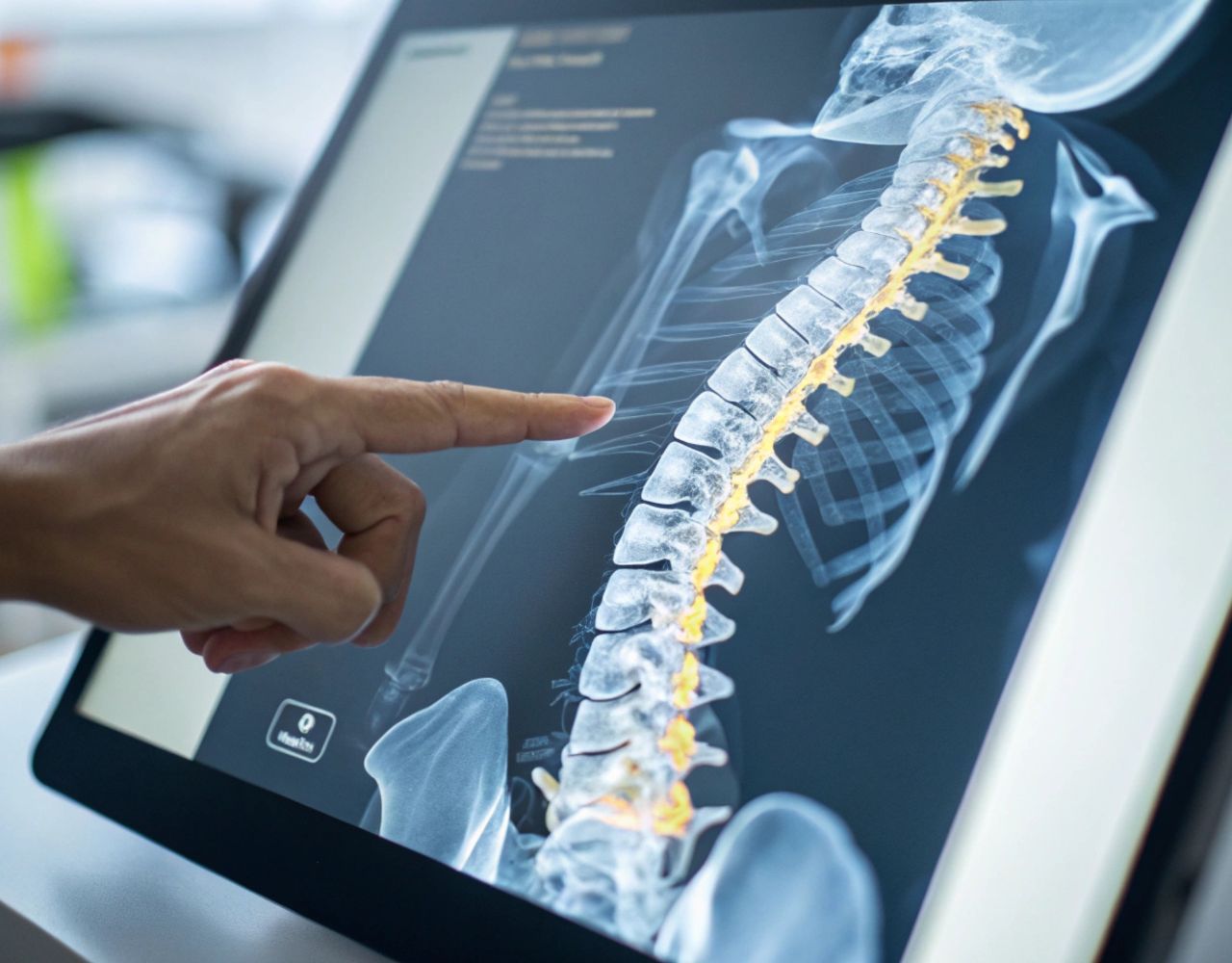 A finger pointing at a digital scan of a human spine.