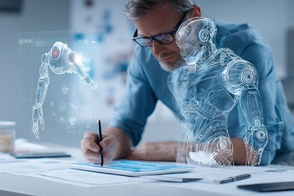 man working on tablet with robot on screen