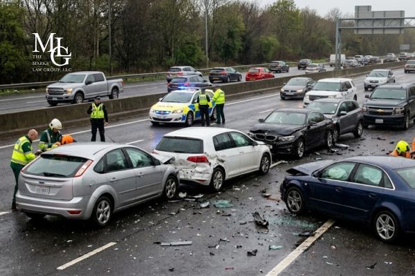 A multi-car highway crash scene with police and first responders.