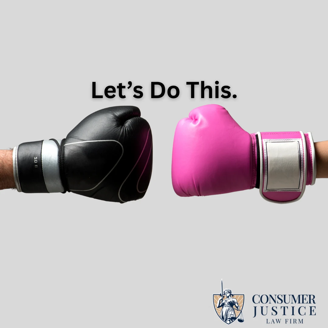Two opposing, out-stretched arms in boxing gloves face each other in a combative stance, with a black glove representing credit repair companies and a pink glove representing consumer protection lawyers. The words "Let's Do This" appear above them, and the Consumer Justice Law Firm logo appears in the right-hand corner below.
