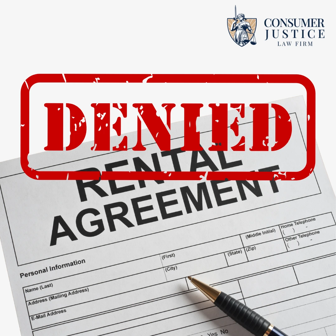 A rental agreement and a pen are shown against a white background, with a large, bright red stamp across the top that says "DENIED." The Consumer Justice Law Firm logo appears in the upper right corner. The image conveys the harshness of being denied a rental due to tenant background check errors.