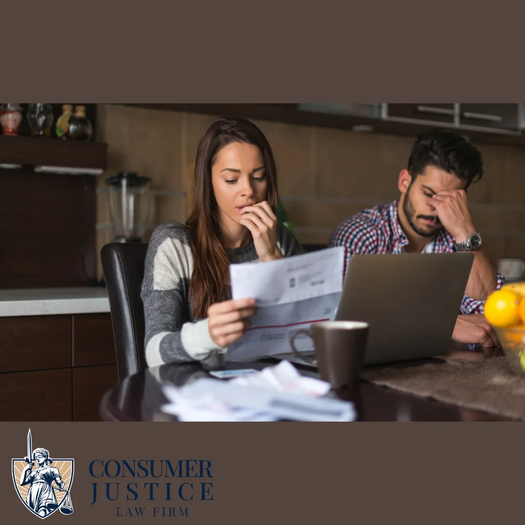 A couple sits at a table looking at a billing statement, clearing stressed out. The Consumer Justice Law Firm logo appears in the bottom left corner and the image conveys the fact that the law firm can help dispute charges and protect their credit score.