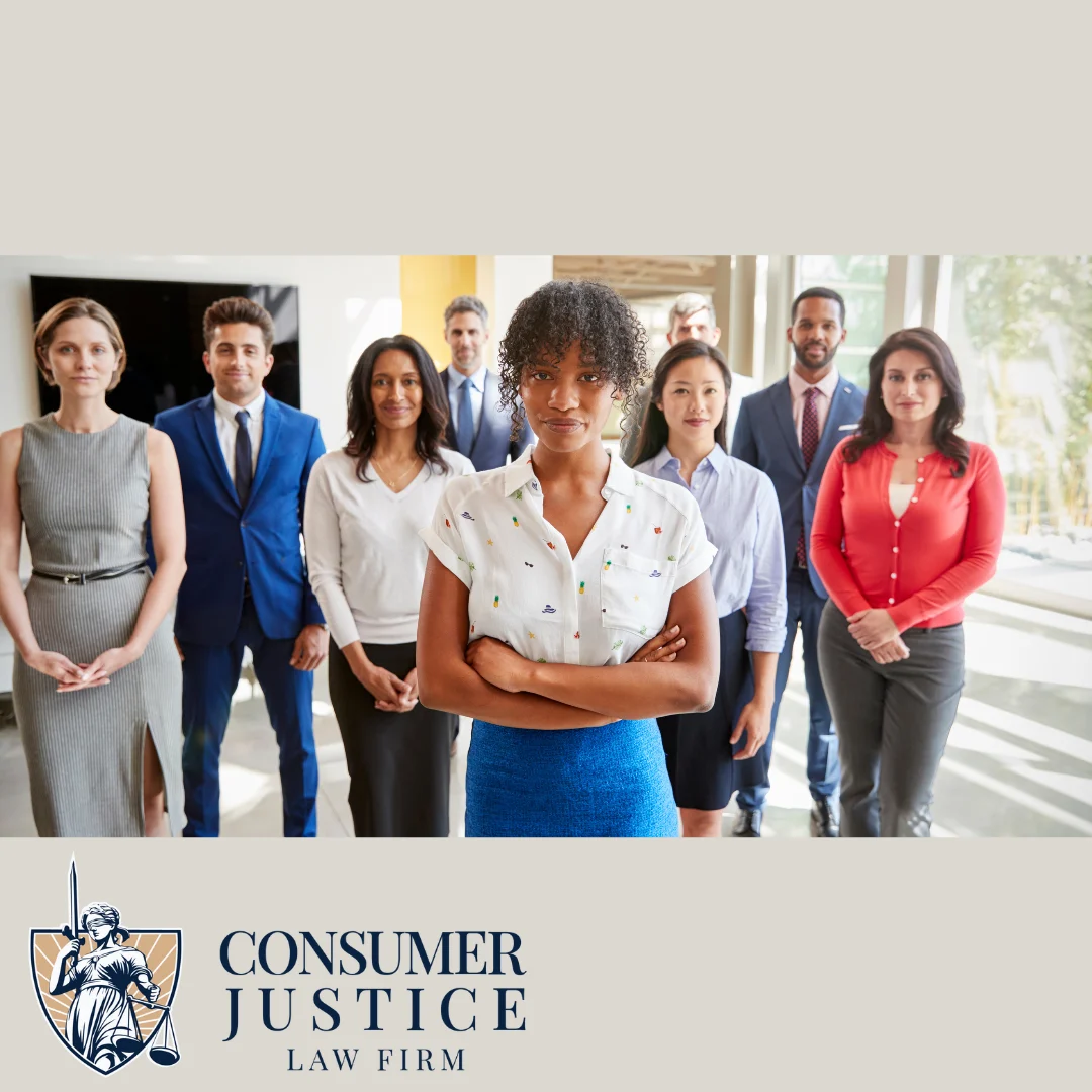 A team of colleagues stands in an office lobby, facing the camera. The woman in front has her arms crossed in a show of strength. The Consumer Justice Law Firm logo appears in the corner. In the context of the article title, the image conveys the power move of hiring an employment discrimination lawyer.