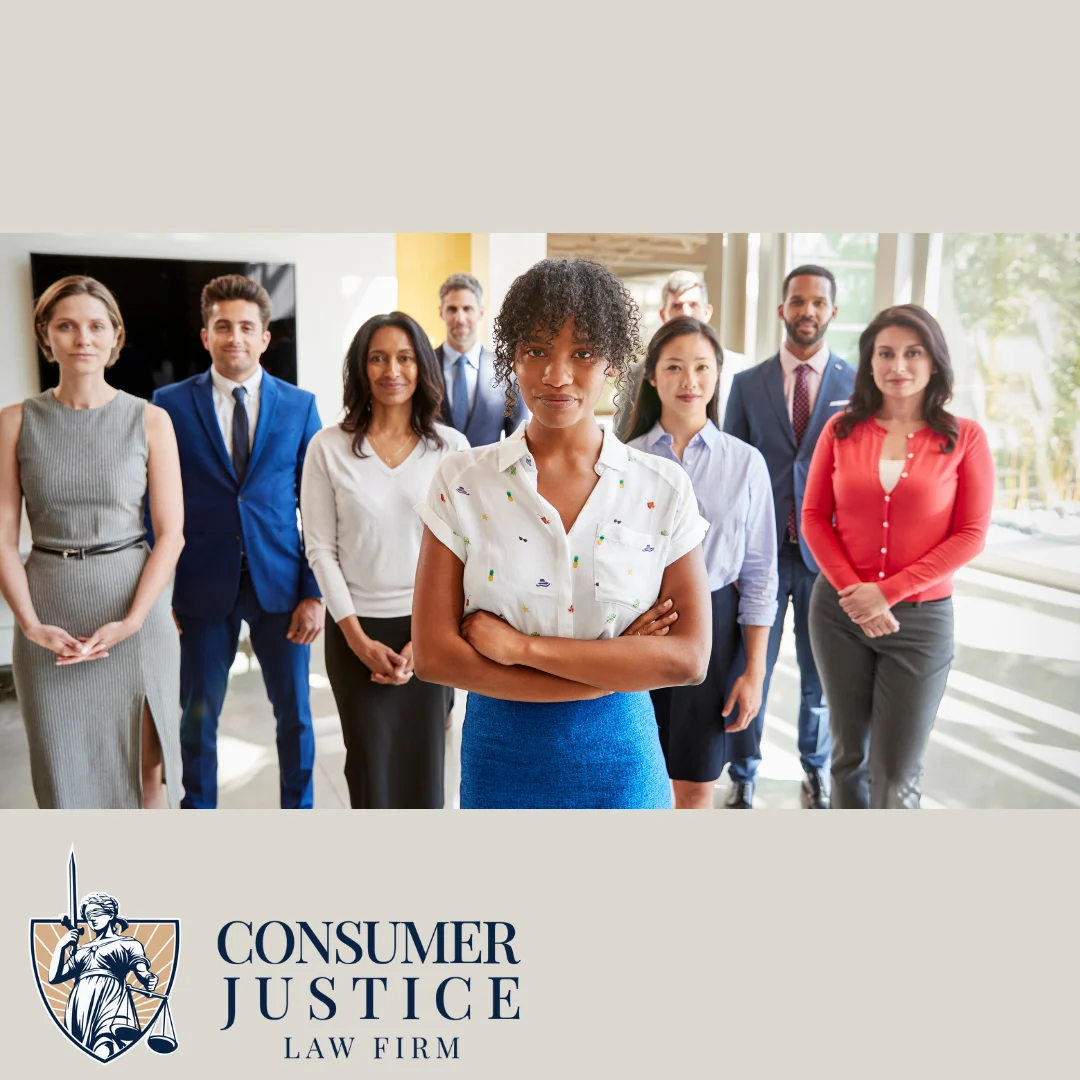 A team of colleagues stands in an office lobby, facing the camera. The image conveys the power move of hiring an employment discrimination lawyer.