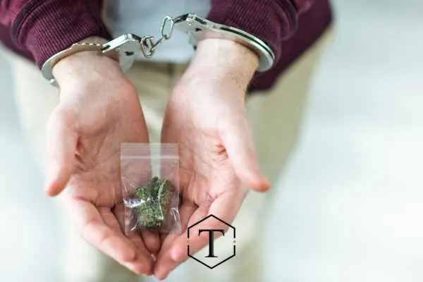 una persona esposada sosteniendo una pequeña bolsa de marihuana
