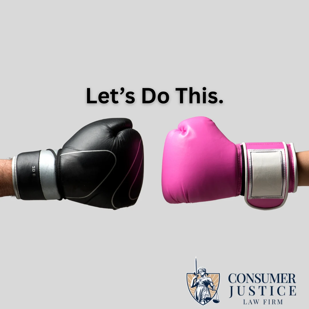 A pink boxing glove faces off against a black boxing glove. A playful take on comparing consumer protection lawyers to credit repair companies.