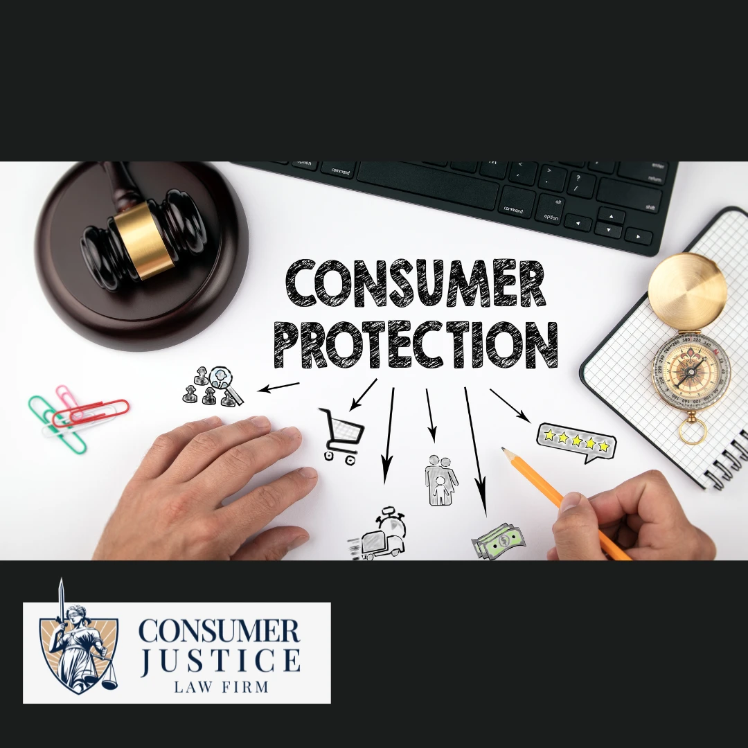 Arrows point to images of consumer protection problems. A gavel rests nearby. The image suggests a consumer protection attorney gets justice.