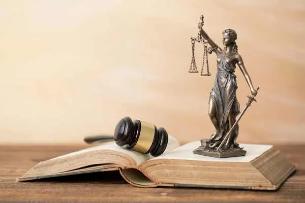 Gavel and lady liberty on an open book